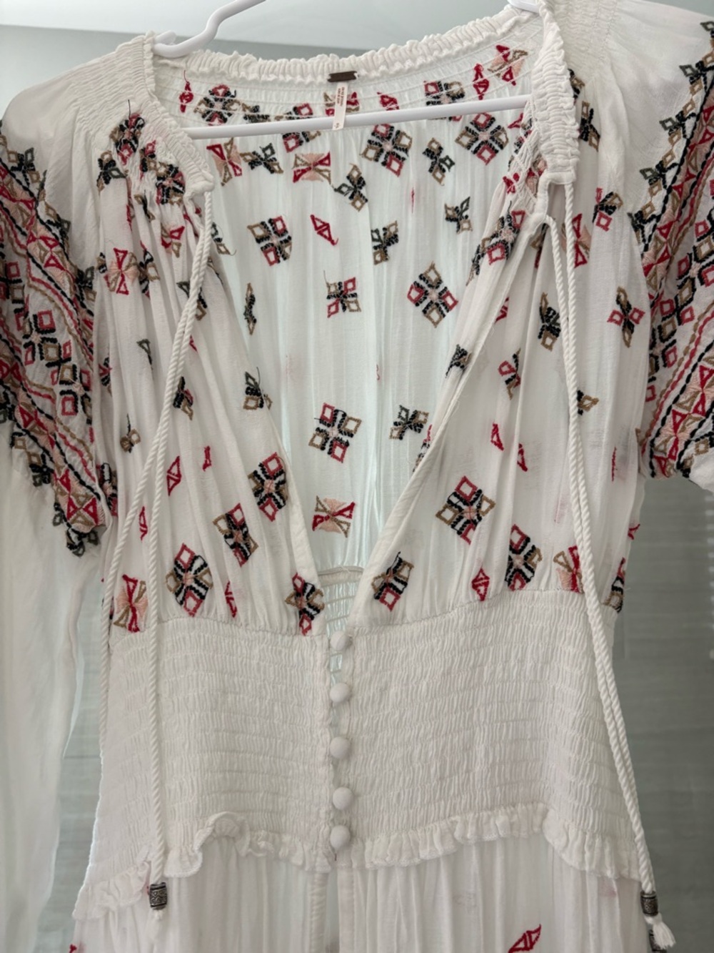 Free People White Maxi Dress with Red & Black Embroidery & side slits - Picture 3 of 4